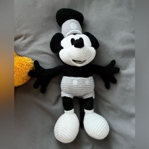 Disney Parks Mickey Mouse Crochet Knit Steamboat Willie Stuffed Plush Gray
